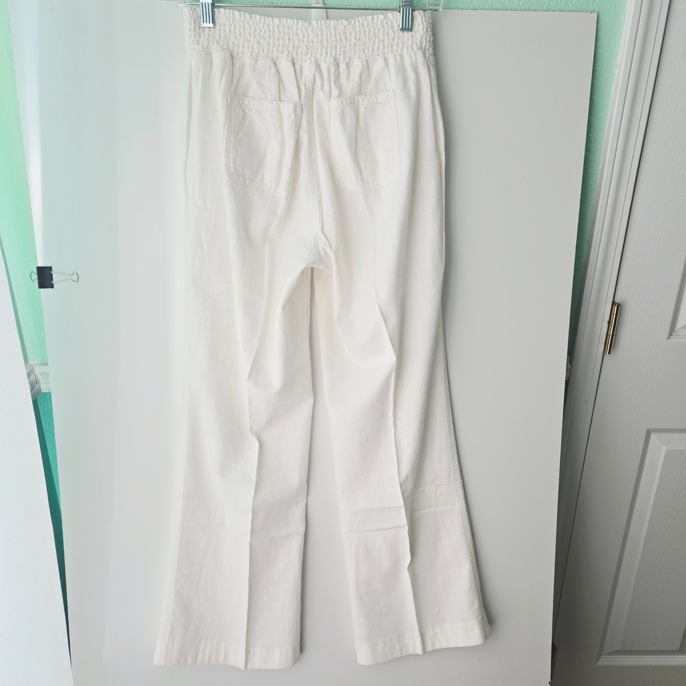 Cavalini White Linen Blend Wide Leg Smocked Waist Drawstring Pants Large Beachy - Picture 8 of 11